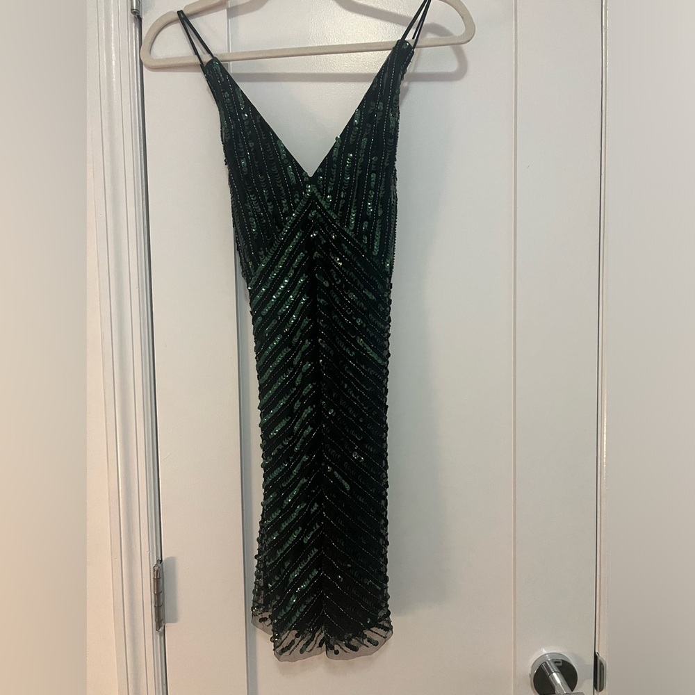 NWT Mango Hand Embroidered Green and Black Sequin Party Dress